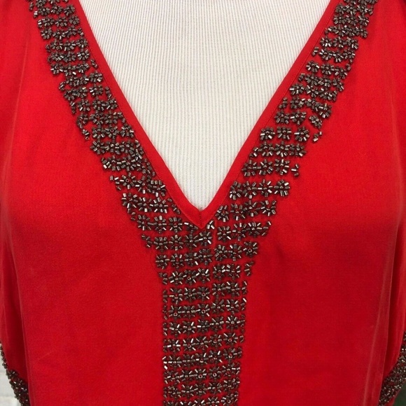 PARKER RED 100% SILK COLD SHOULDER TOP BEADED SIZE L - Picture 7 of 11